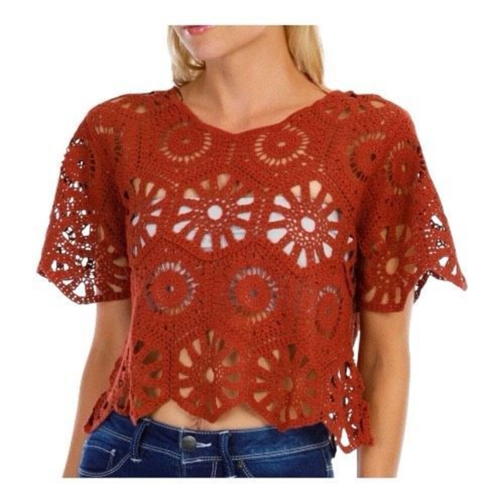 Rebellion Boho‎ Burnt Orange Scalloped Cottagecore Crochet Crop Top Extra Small